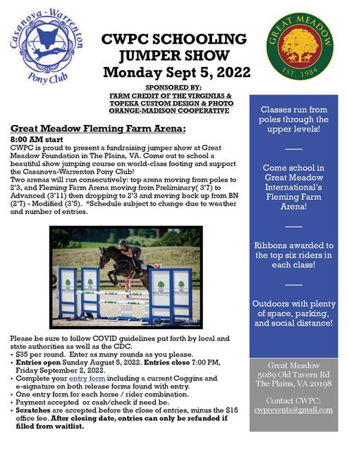 CWPC Schooling Jumper Show Flyer - September 5 2022